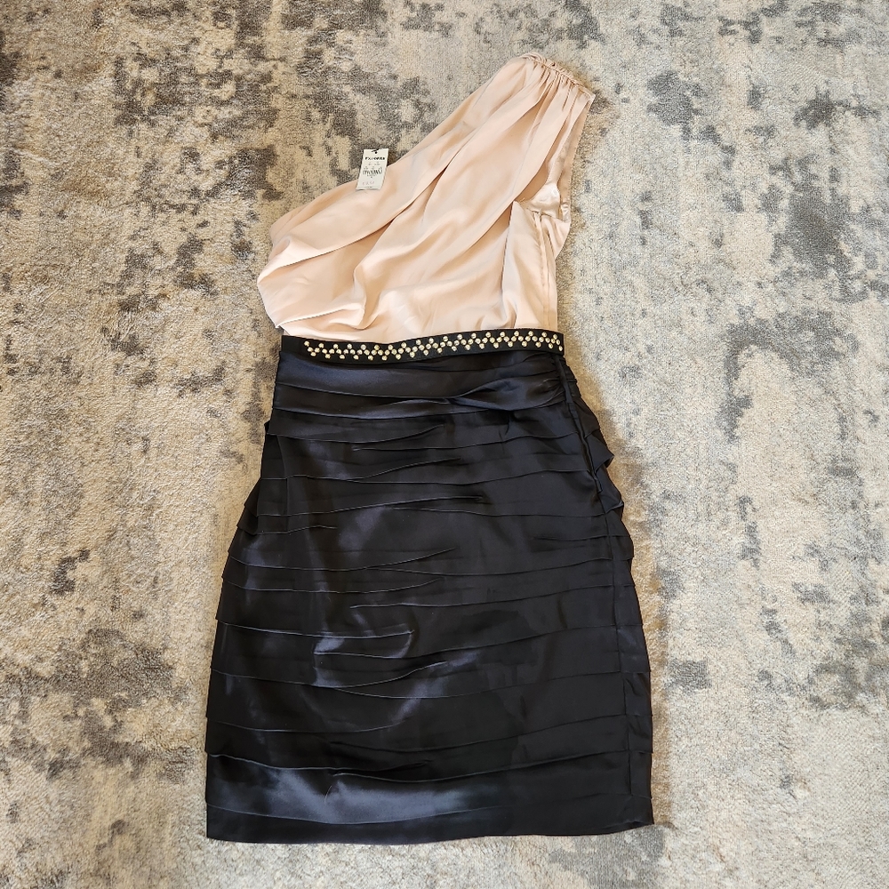 Express Ivory and Black one shoulder belted mini dress, size 6.